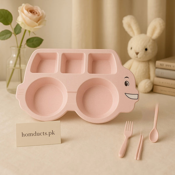 Luxury Kids Bus-Shaped Dinner Plate Set with Spoon, Fork & Chopsticks – Pink