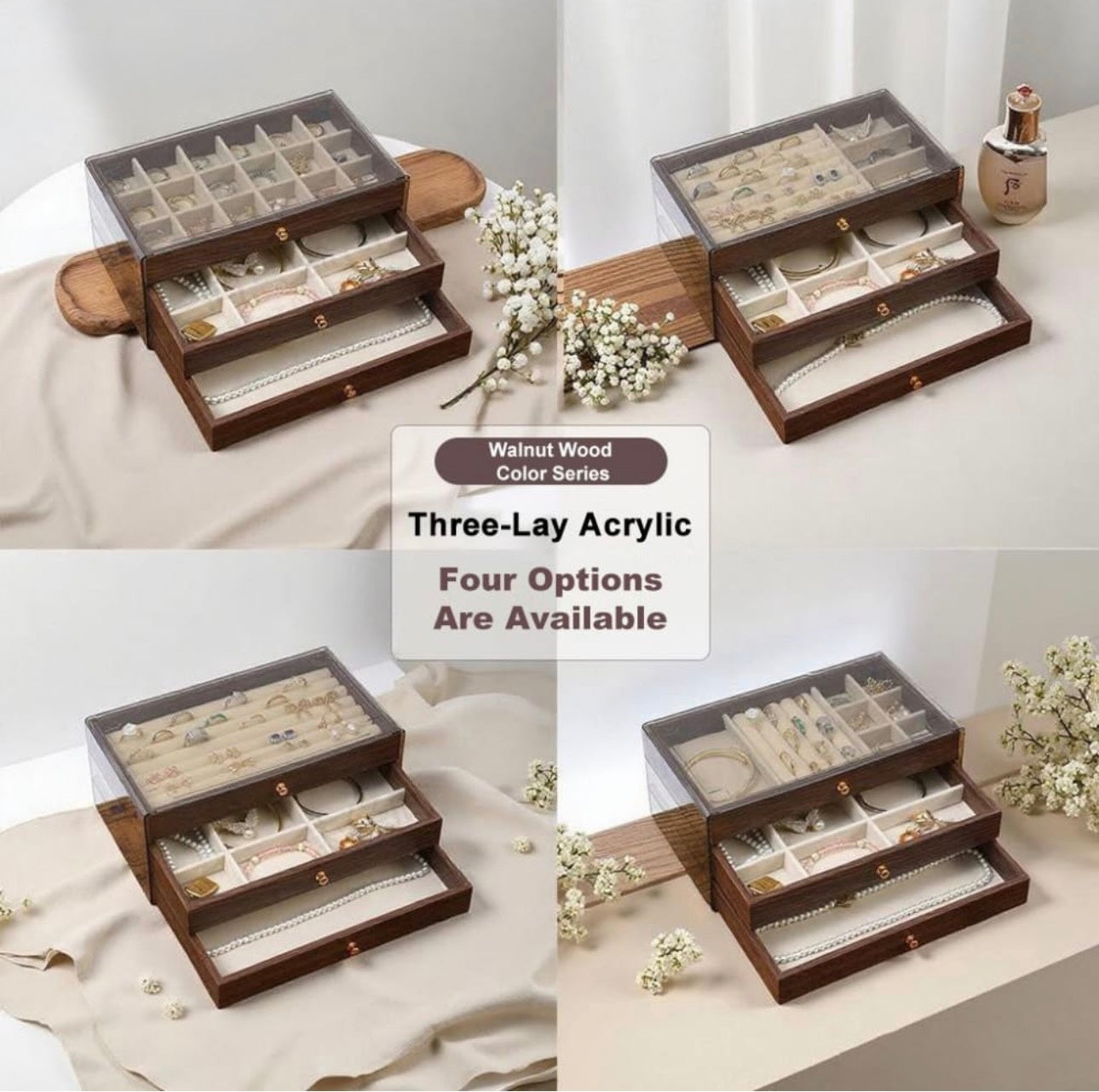Luxury 3-Layer Wooden Jewelry Organizer Box with Glass Display & Velvet Compartments