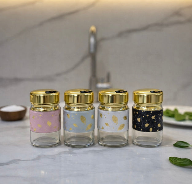 Premium Glass Spice Jar with Gold Lid – Decorative Kitchen Seasoning Shaker (1 Pc)