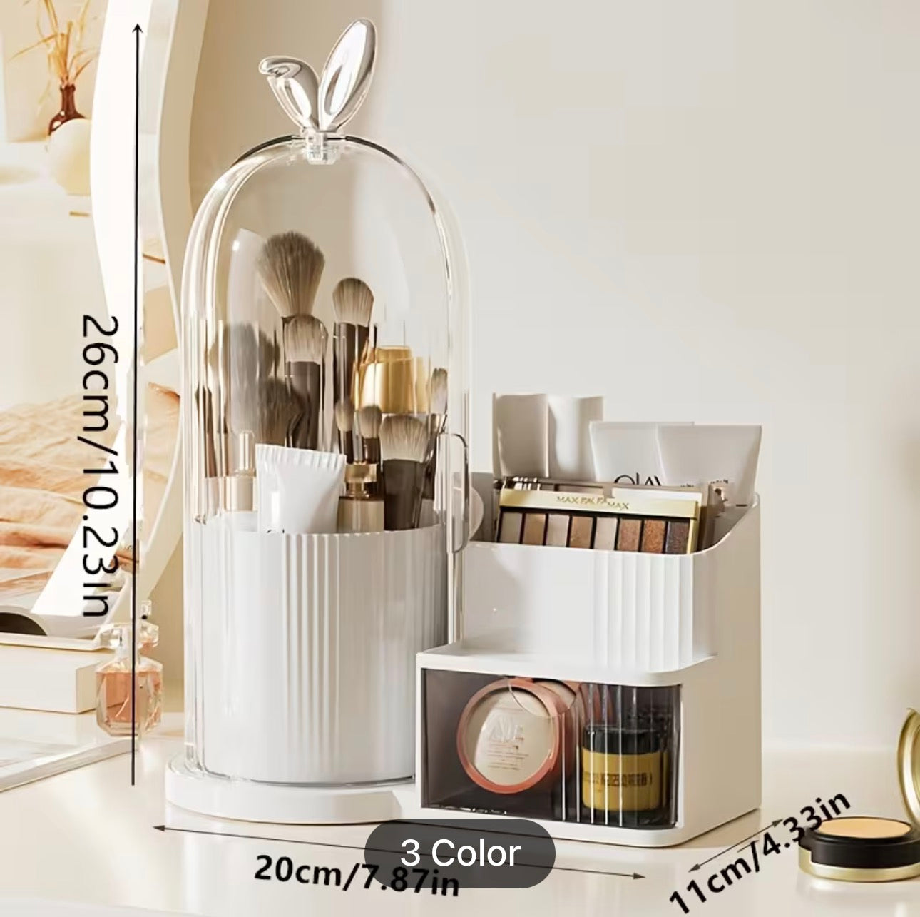 Luxury Rotating Makeup Organizer with Dustproof Cover – Multi-Compartment Cosmetic Storage Box