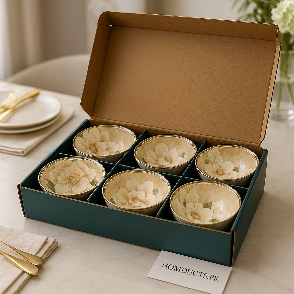 6-Piece Premium Floral Ceramic Bowl Set – Elegant Magnolia Design