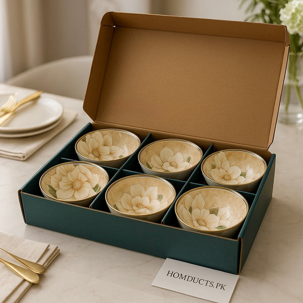 6-Piece Premium Floral Ceramic Bowl Set – Elegant Magnolia Design
