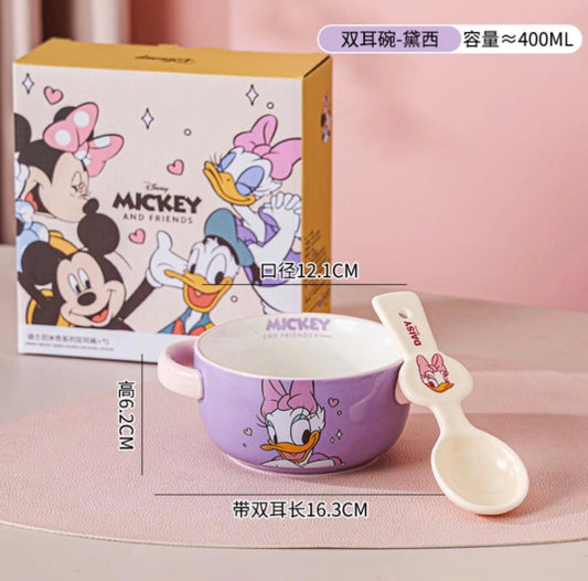 Disney Daisy Duck Ceramic Bowl Set with Spoon | 400ml Kids Double Handle Bowl