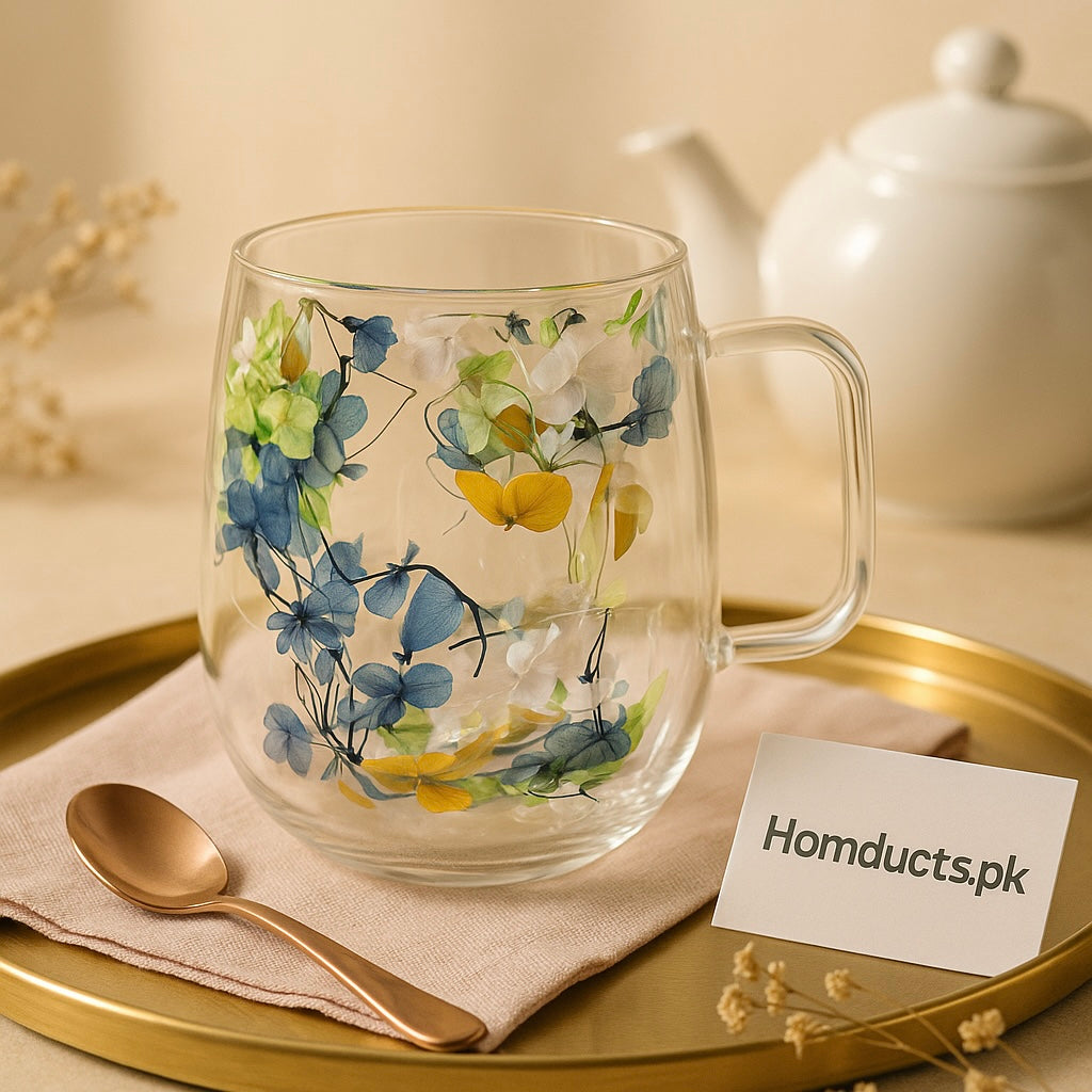 Luxury Floral Infused Glass Mug – Premium Transparent Tea Cup