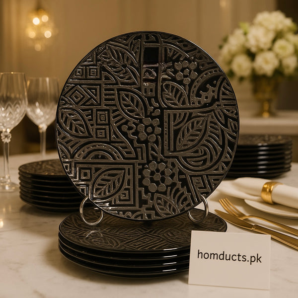 Luxury Black Embossed Plate Set – 18 Pcs Elegant Dinnerware Collection