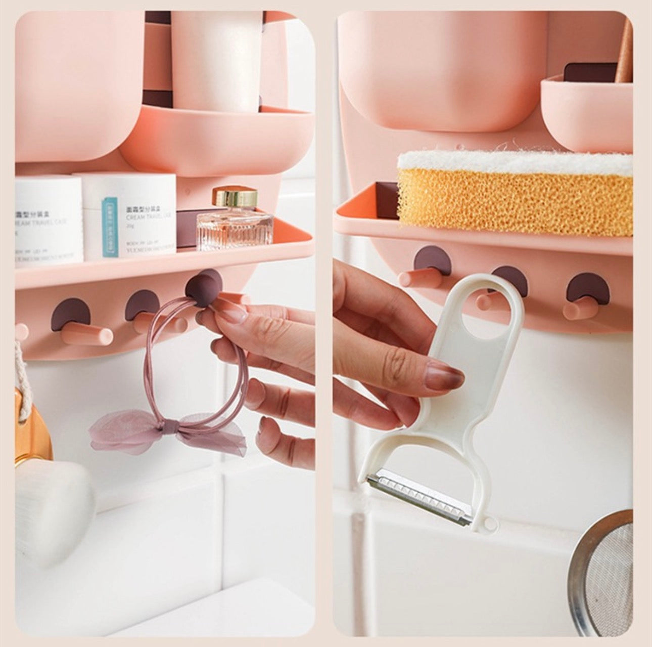 Wall-Mounted Multi-Section Bathroom Organizer Rack – Self-Adhesive Storage Shelf with Hooks for Toiletries & Accessories