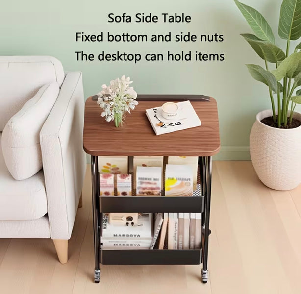 Luxury Rolling Sofa Side Table with Flip-Top Laptop Desk & 2-Tier Storage Cart on Wheels