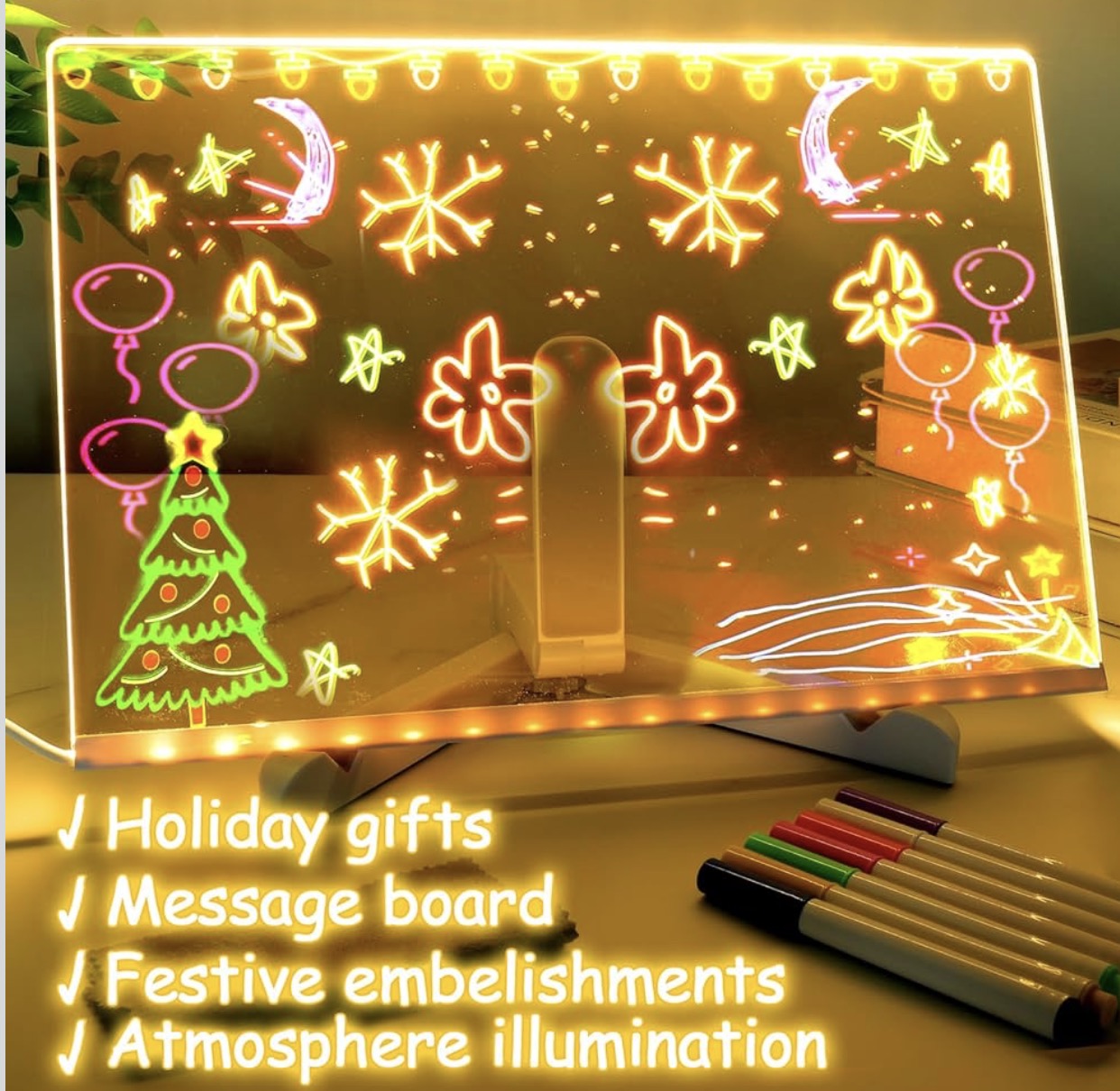 LED Holiday Acrylic Note Board – Glowing Writing Board with Christmas Design | Reusable Message Board