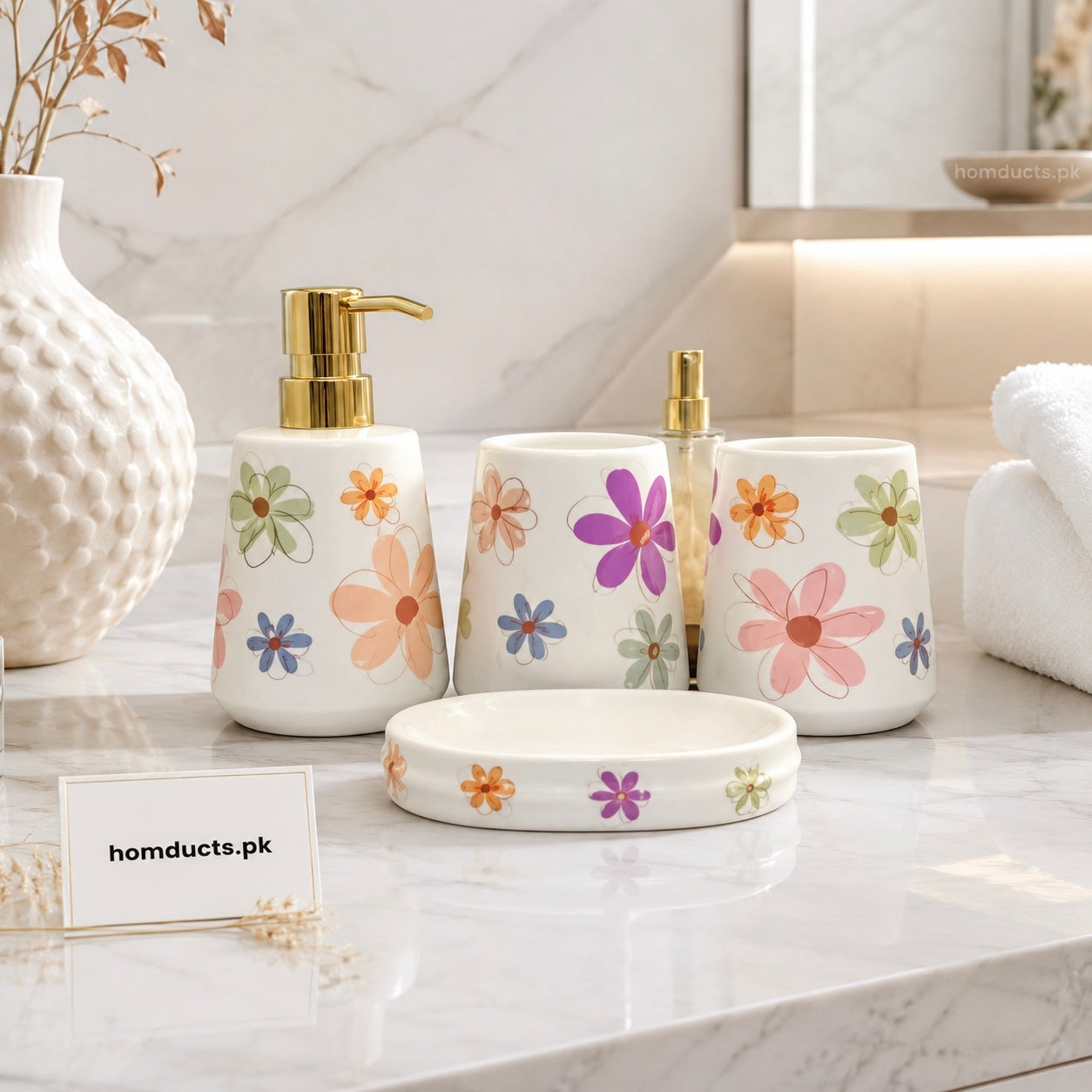 Brilliant Floral Ceramic Bathroom Accessories Set – 4 Piece Luxury Bathroom Countertop Organizer