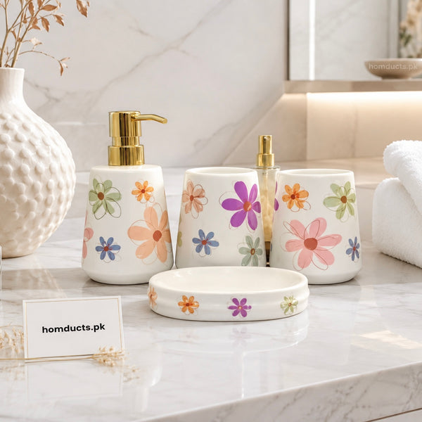 Brilliant Floral Ceramic Bathroom Accessories Set – 4 Piece Luxury Bathroom Countertop Organizer