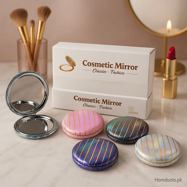 ✨ Premium Compact Cosmetic Mirror – Double-Sided Folding Makeup Mirror with Elegant Metallic Stripes