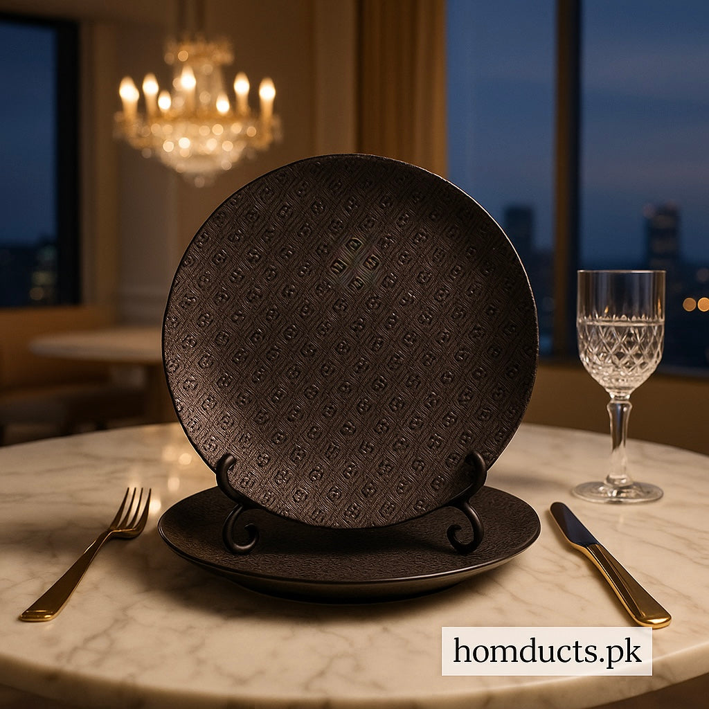 Luxury Black Textured Dinner Plate Set – 18 Pcs Premium Dinnerware for Elegant Dining