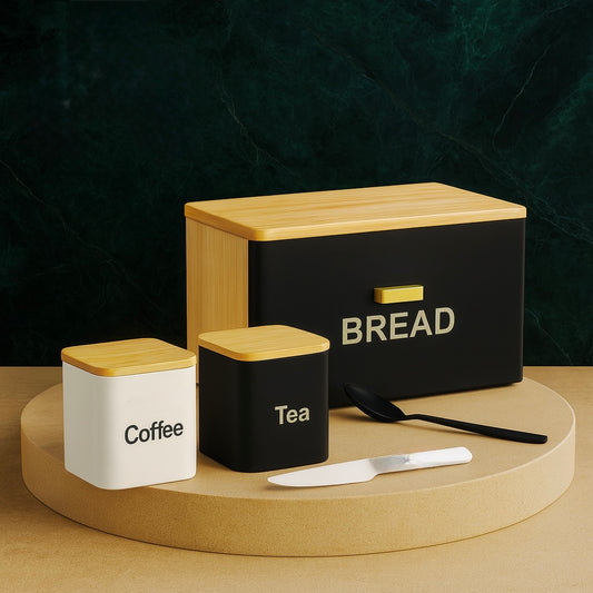 Premium Bread, Tea & Coffee Storage Canister Set with Wooden Lids – Modern Kitchen Organizer
