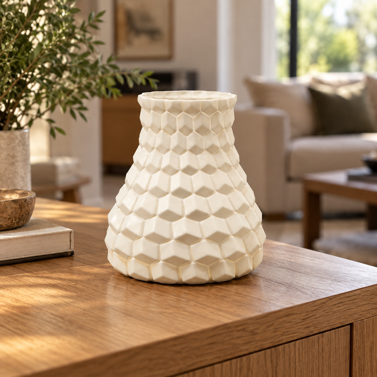 Geometric Faceted Decorative Flower Vase - Ivory