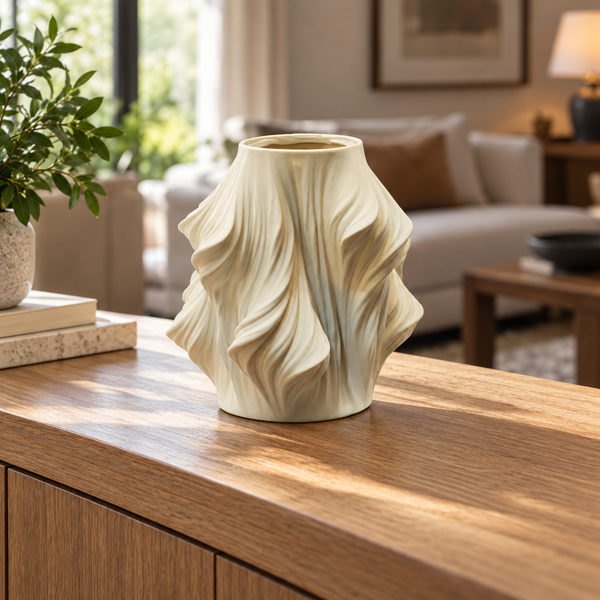 Sculptural Wave Textured Decorative Vase - Beige