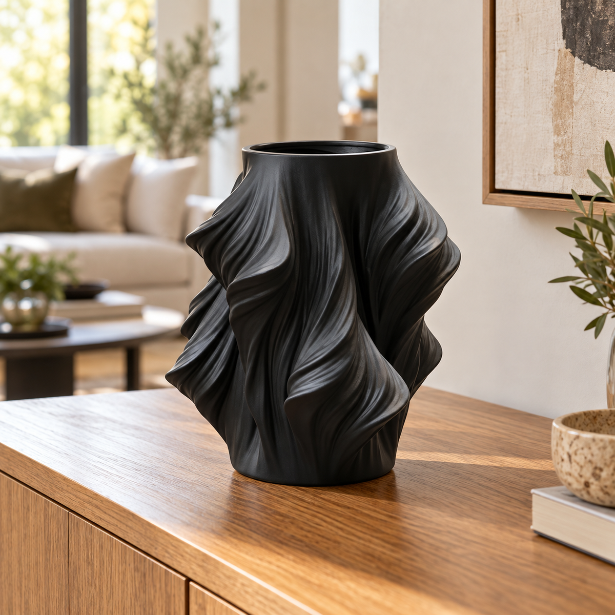 Sculptural Wave Textured Decorative Vase - Black