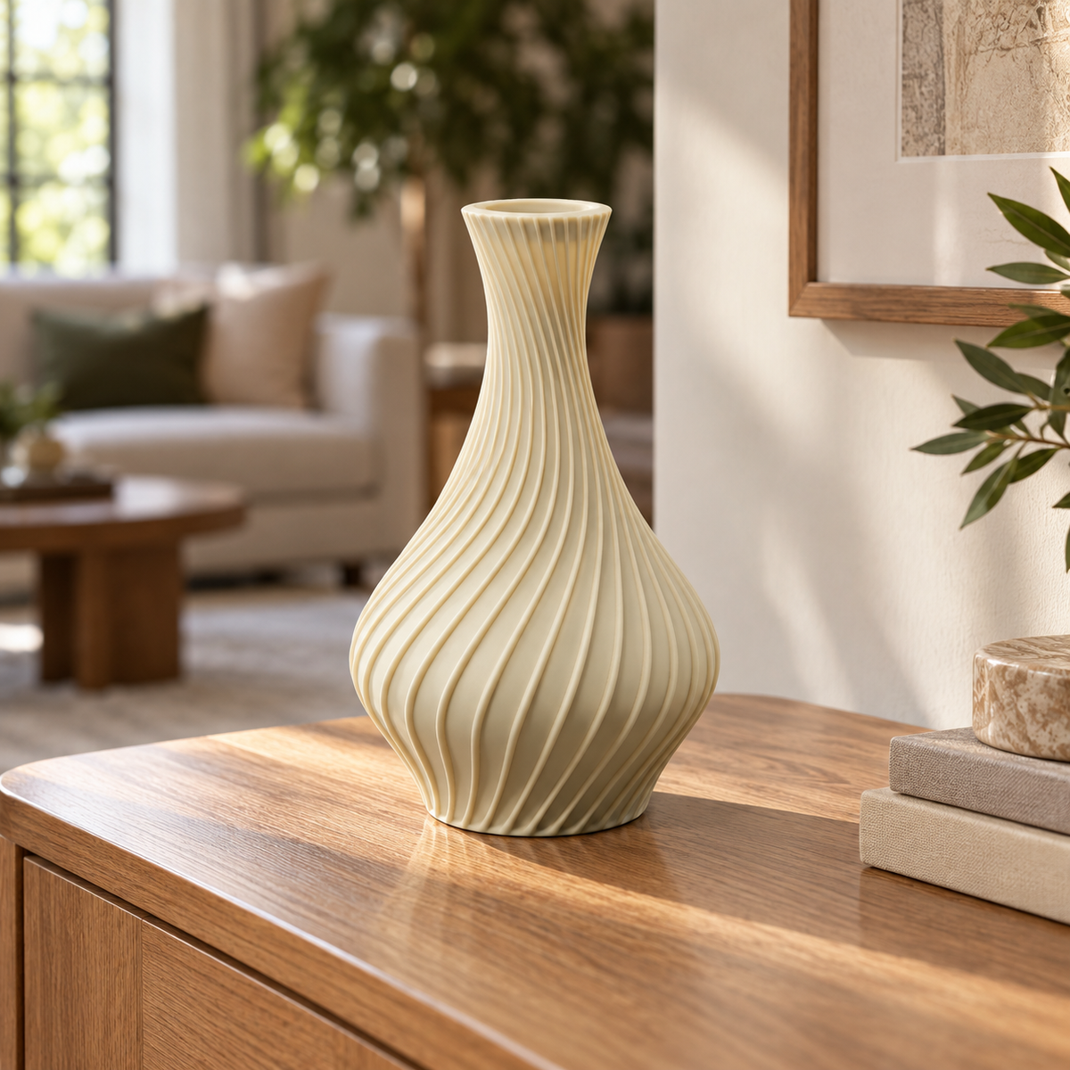 Spiral Ribbed Decorative Flower Vase - Beige