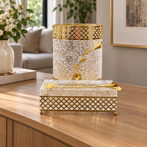 Textured Tissue Box & Round Waste Bin Set with Floral Gold Trim