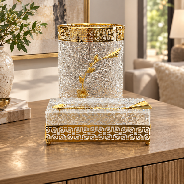 Textured Tissue Box & Round Waste Bin Set with Geometric Gold Trim