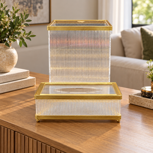 Ribbed Tissue Box & Square Waste Bin Set with Gold Trim
