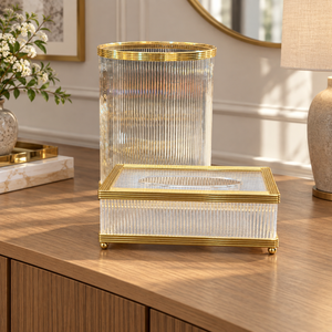 Ribbed Tissue Box & Round Waste Bin Set with Gold Trim
