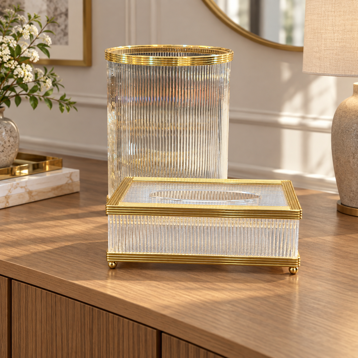 Ribbed Tissue Box & Round Waste Bin Set with Gold Trim
