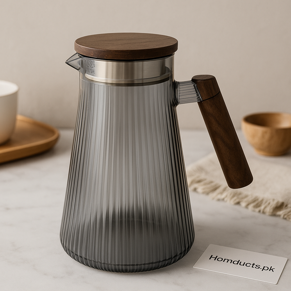 Premium Smoky Ribbed Glass Jug with Wooden Lid & Handle – Heat Resistant, Elegant Serveware