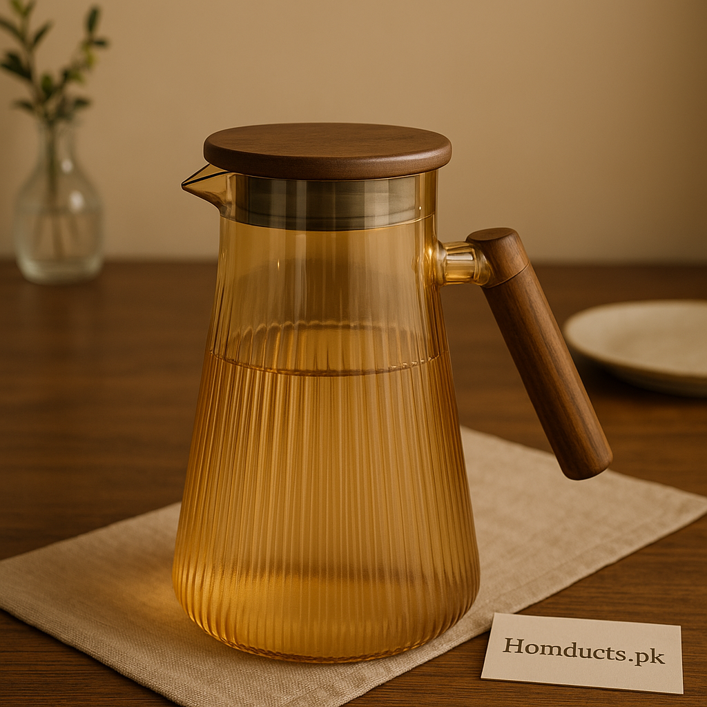 Amber Ribbed Glass Jug with Wooden Lid & Handle – Premium Water & Juice Server