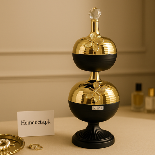 Luxury Gold & Black Double-Tier Decorative Jar – Crystal Top | Premium Home Décor Piece