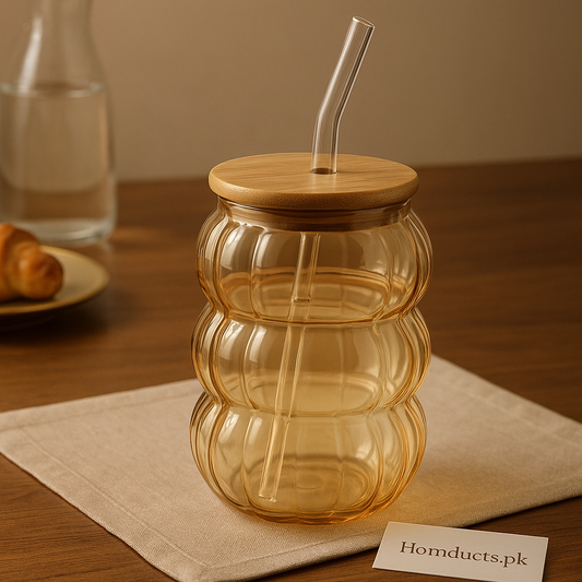 Delisoga Triple-Ripple Amber Glass Cup with Bamboo Lid & Straw