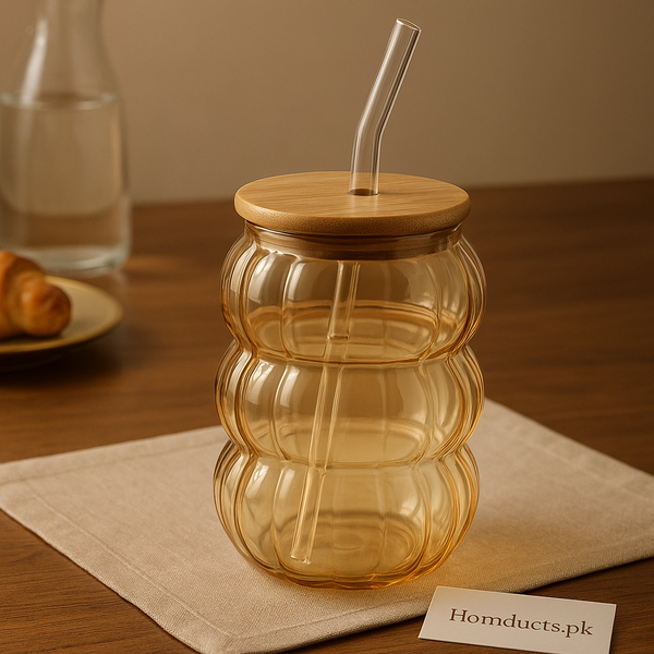 Delisoga Triple-Ripple Amber Glass Cup with Bamboo Lid & Straw