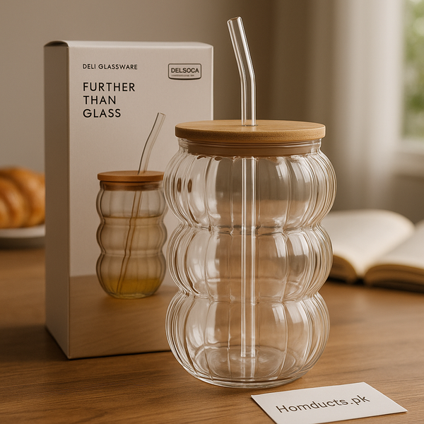 Delisoga Bubble Wave Glass Cup with Bamboo Lid & Glass Straw – Premium Transparent Drinkware