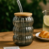 Triple-Wave Smokey Glass Cup with Bamboo Lid & Straw – Premium Deli Glassware