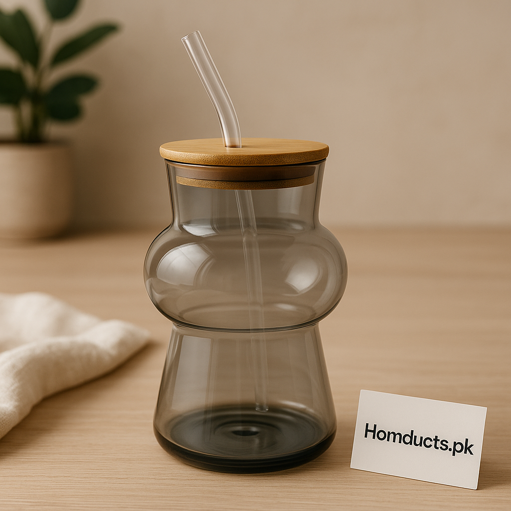 Premium Smoke Grey Glass Bottle with Bamboo Lid & Glass Straw – Stylish Reusable Drinkware