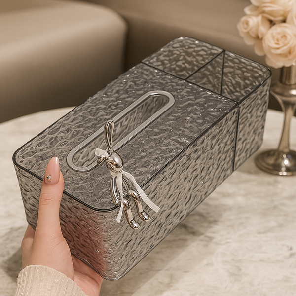 Glacier Crystal Texture Luxury Tissue Box with Silver Rabbit Décor – Premium Home Table Organizer