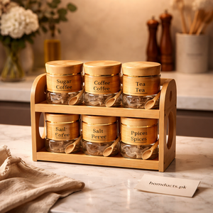 Premium Bamboo Spice Jar Set with Stand – 7-Piece Glass Seasoning Organizer Rack