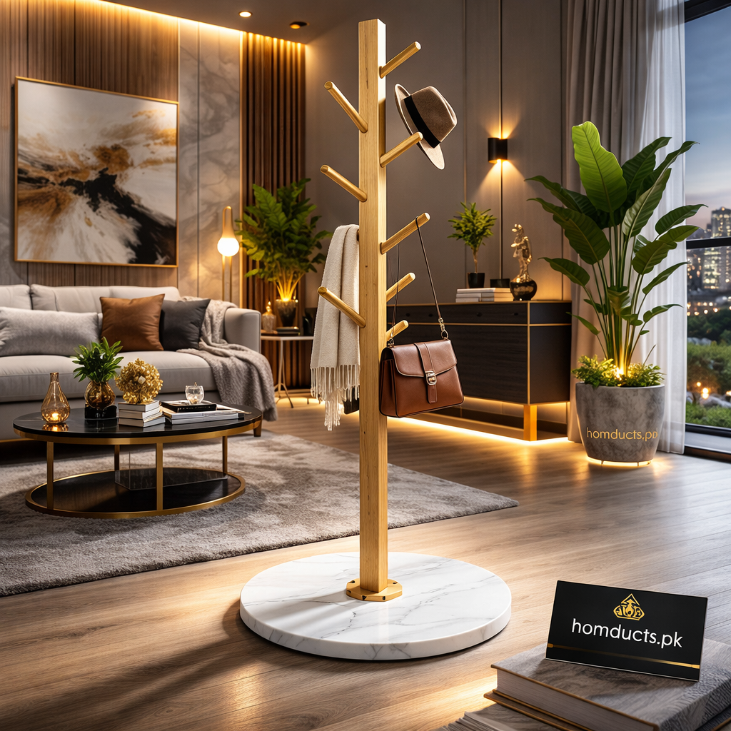 Modern Wooden Coat Stand with Marble Base – Luxury Tree Style Coat Rack Organizer