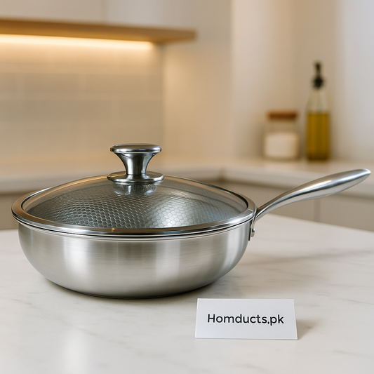 Premium Stainless Steel Deep Frying Pan with Glass Lid – Non-Stick Honeycomb Surface