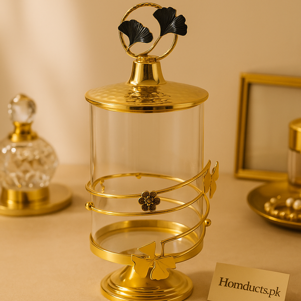 Luxury Golden Ginkgo Glass Storage Jar – Elegant Decorative Container with Floral Metal Wrap