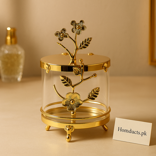 Luxury Golden Floral Crystal Jar – Elegant Decorative Storage Container