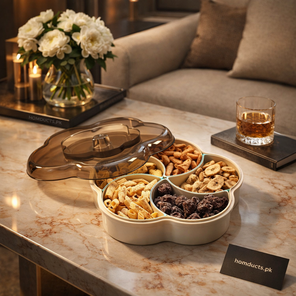 Modern 5-Compartment Serving Tray with Clear Lids - Keep Snacks Fresh & Organized