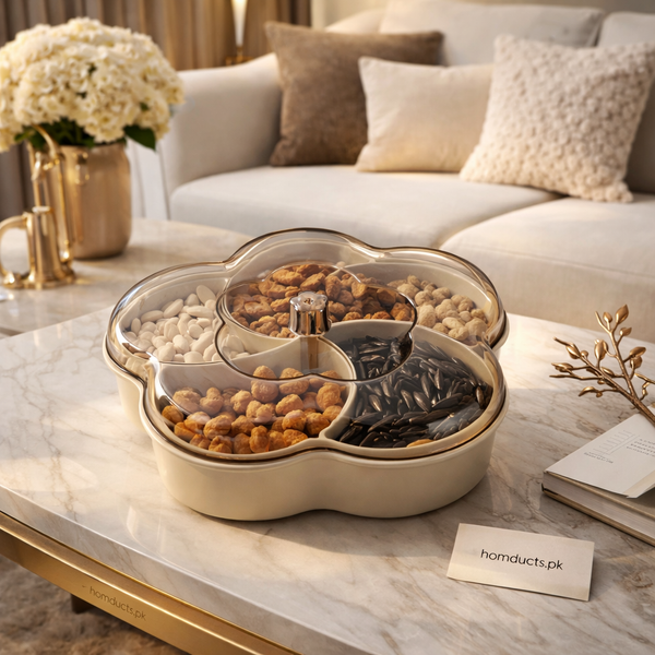 Modern 5-Compartment Serving Tray with Clear Lids - Keep Snacks Fresh & Organized