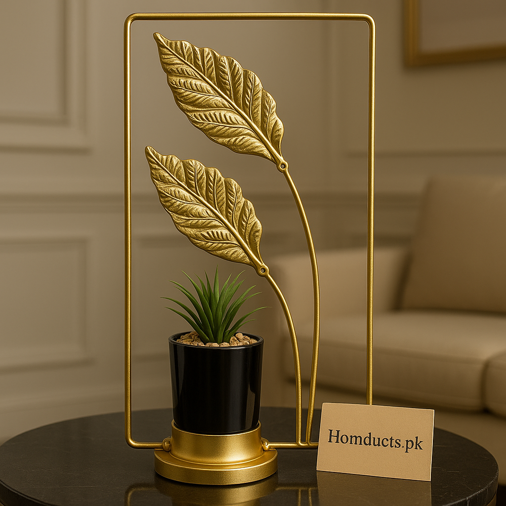 Golden Leaf Metal Frame Table Décor with Mini Plant – Premium Home Decoration Piece