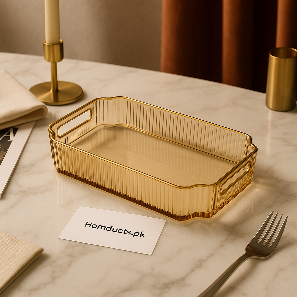Luxury Ribbed Acrylic Serving Tray – Premium Golden Rectangular Organizer for Kitchen & Dining | Homducts.pk