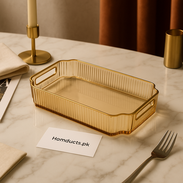 Luxury Ribbed Acrylic Serving Tray – Premium Golden Rectangular Organizer for Kitchen & Dining | Homducts.pk