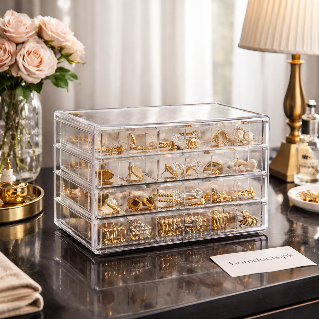 Clear Acrylic 3-Layer Jewelry Organizer Box Drawer Storage Case for Earrings, Rings & Accessories