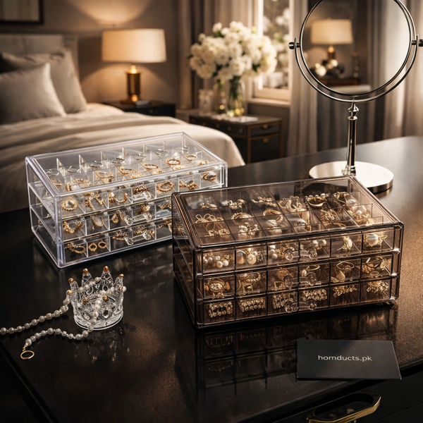 Clear Acrylic 3-Layer Jewelry Organizer Box Drawer Storage Case for Earrings, Rings & Accessories