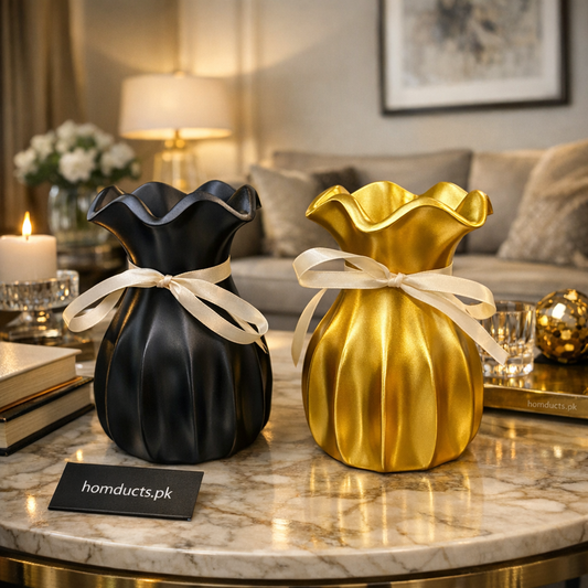 Elegant Ribbon Accent Decorative Vase – Premium Tabletop Flower Vase for Modern Home Décor (1 Pc)