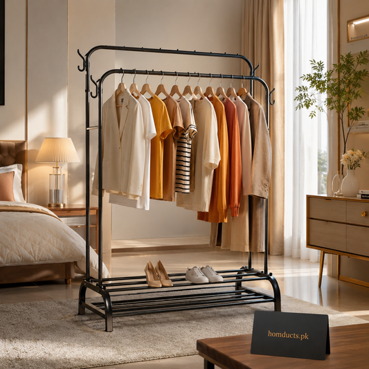 Luxury Double Rail Garment Rack with Bottom Shoe Storage Shelf – Heavy Duty Modern Clothes Hanging Stand for Bedroom, Dressing Room & Laundry Organization