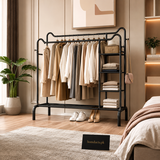 Luxury Double Rod Metal Clothes Rack Organizer with Storage Shelves for Bedroom & Dressing Room
